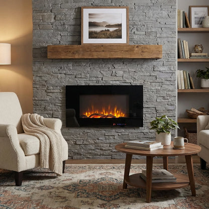 Living room with stone fireplace, wooden mantel, and armchair.