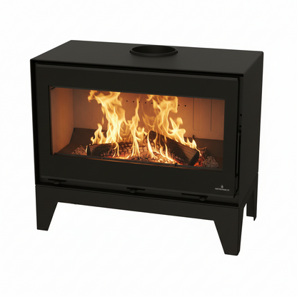 Black freestanding fireplace with flames inside on a white background