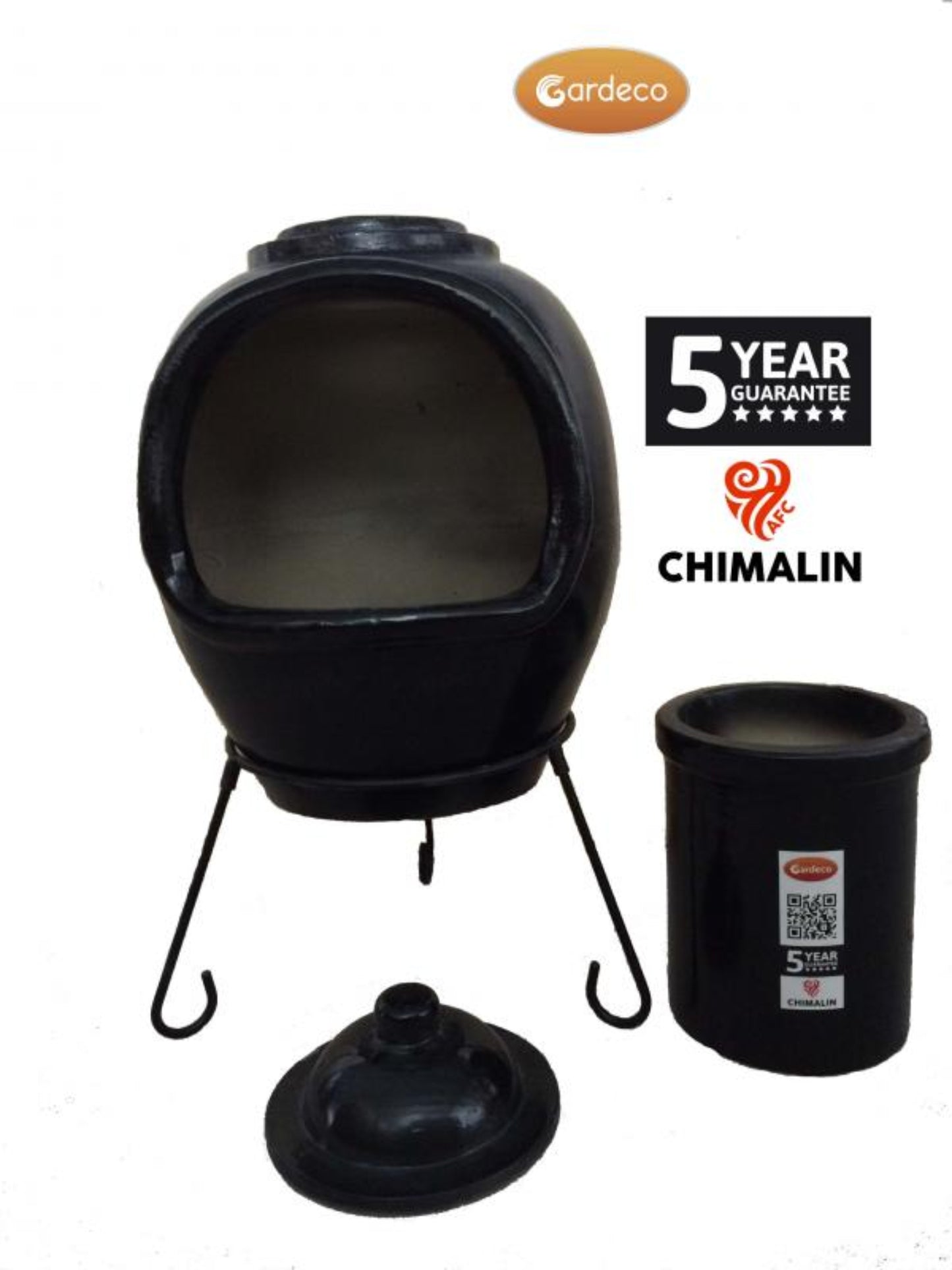 Black ceramic barbecue with Gardeco branding and 5-year guarantee on a white background