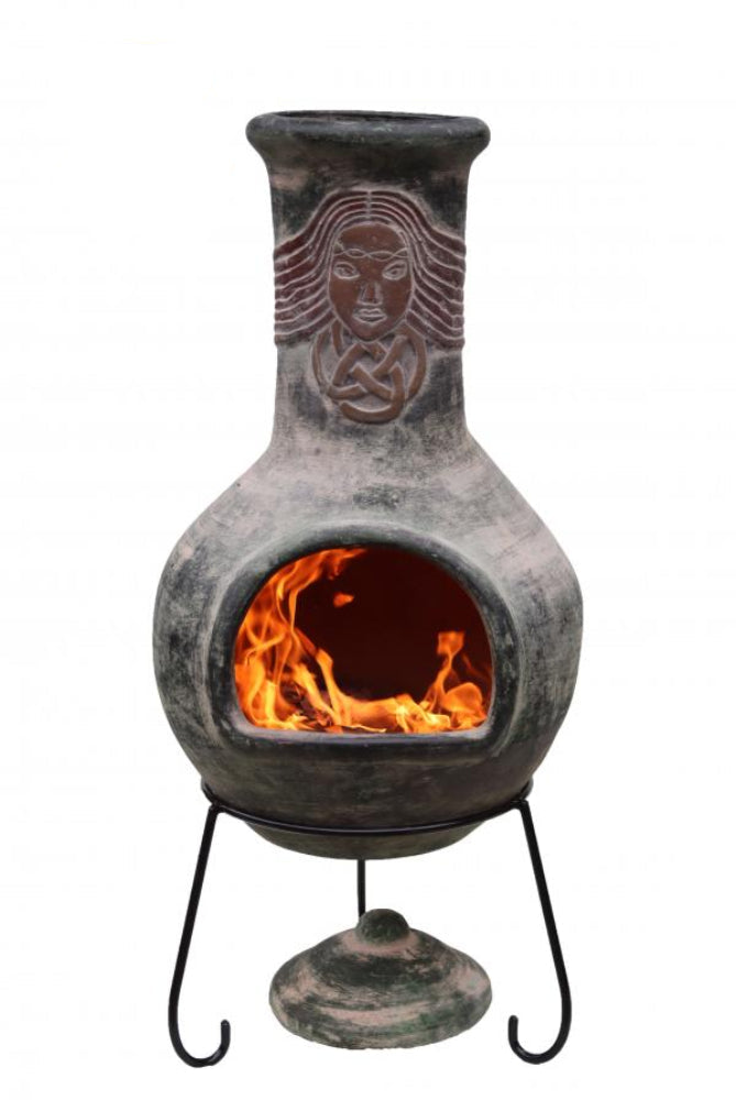 Ceramic chiminea with flames inside on a white background