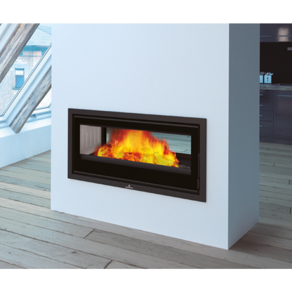 Bronpi Cairo inset fireplace with flames inside a white wall, large window in the background.