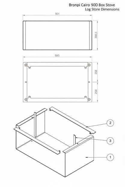 Bronpi Cairo 90D Box Stove Log Store Dimensions
