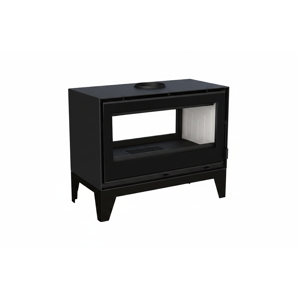 Black freestanding fireplace with glass door on a white background