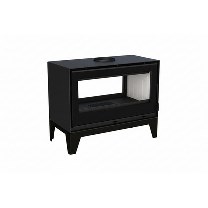 Black freestanding fireplace with glass door on a white background