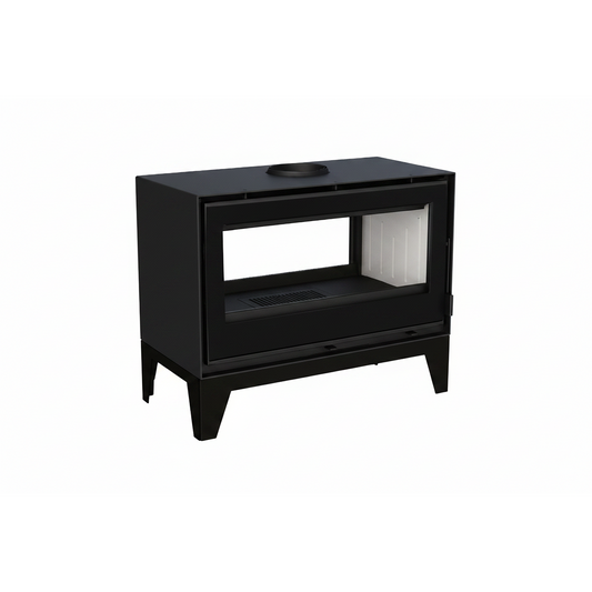 Black freestanding fireplace with glass door on a white background