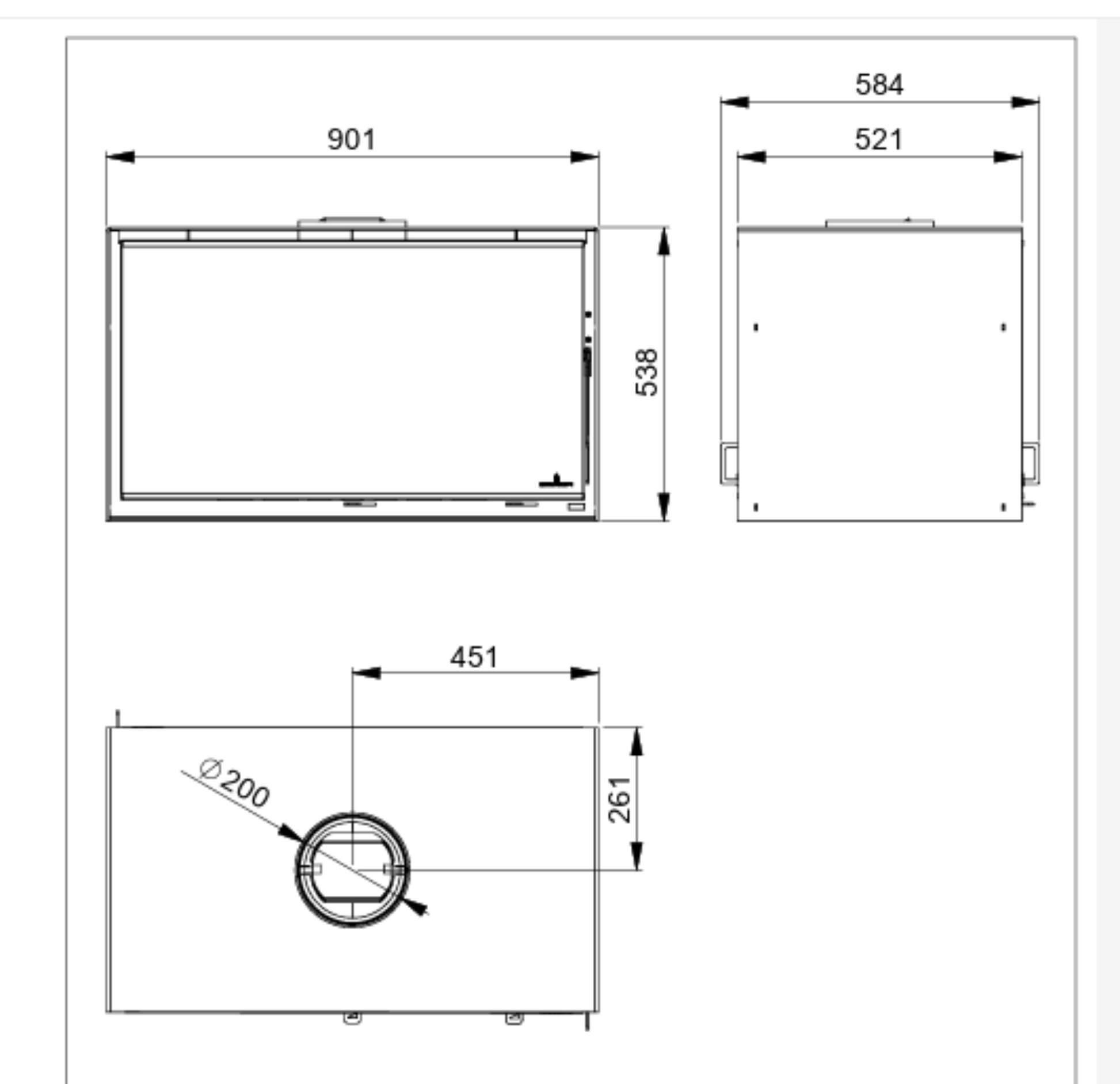Technical drawing of Bronpi Cairo 90D box stove with dimensions 