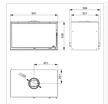 Technical drawing of Bronpi Cairo 90D box stove with dimensions 