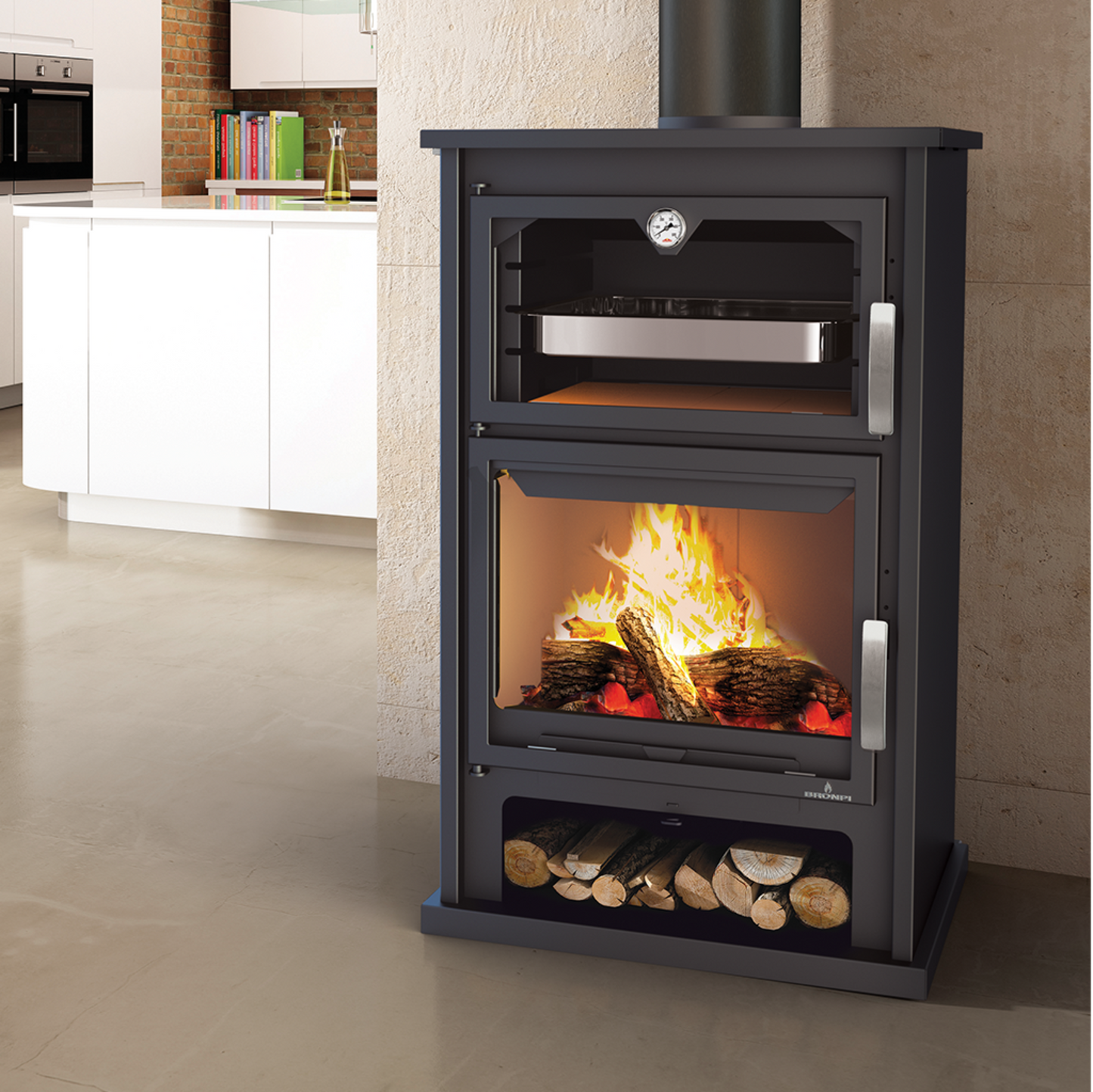 Black freestanding Bronpi Suiza stove with fire burning inside, placed in a modern kitchen.
