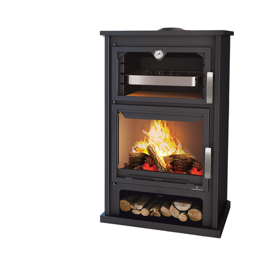 Black freestanding Bronpi stove &  oven with fire burning inside, with a white background