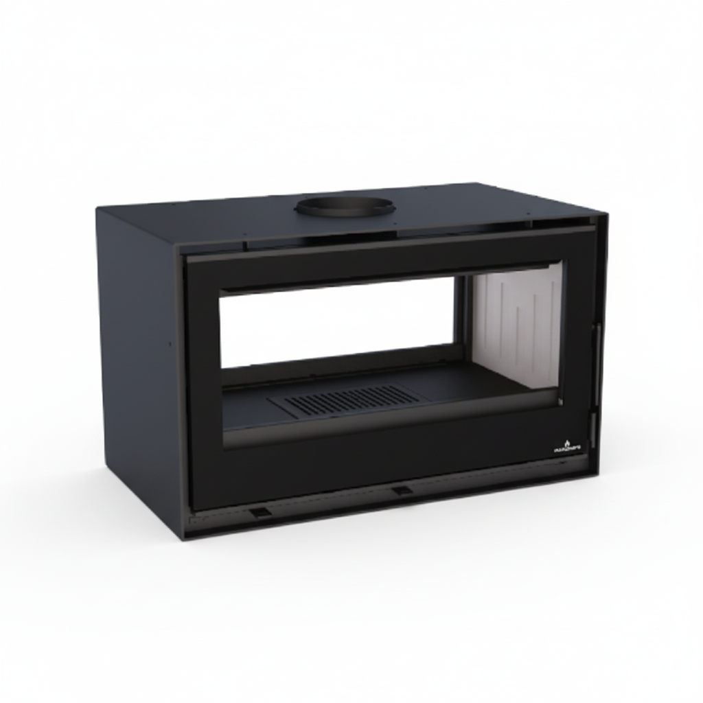 Black double glass-fronted fireplace on a white background