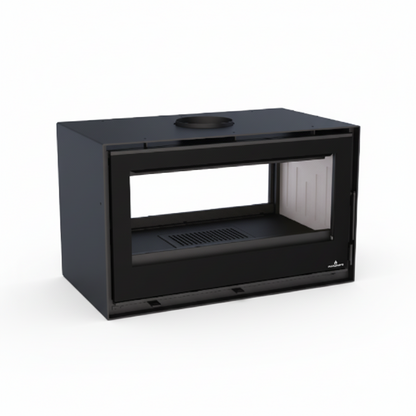 Black double glass-fronted fireplace on a white background