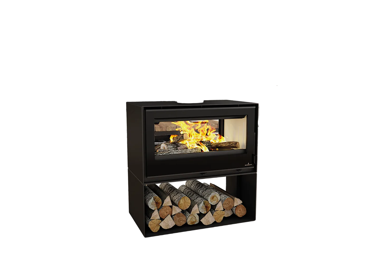 Black freestanding fireplace with glass door and logs on a white background