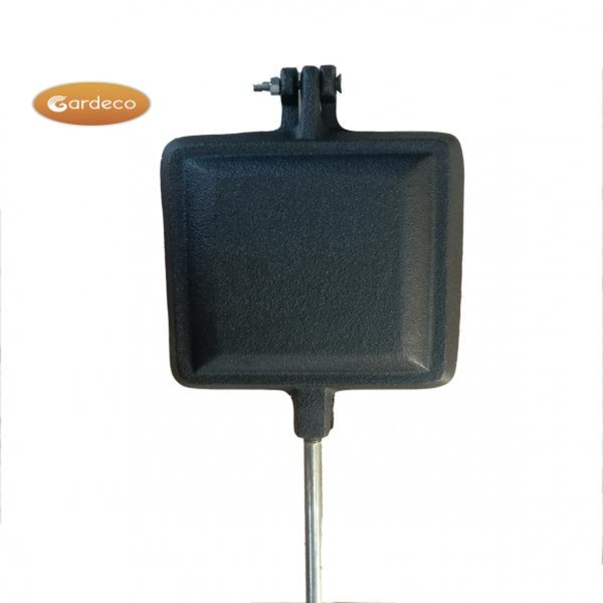 Black square-shaped grill pan with handle on a white background, featuring the Gardeco brand logo.