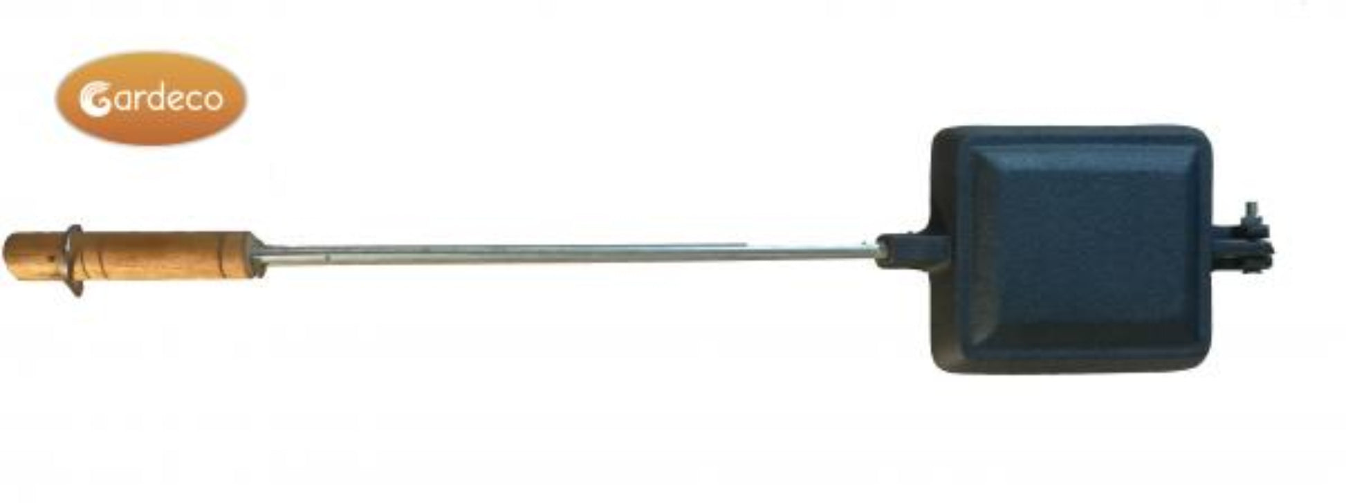 Cast Iron Cooking Iron showing long handle with wooden end on white background