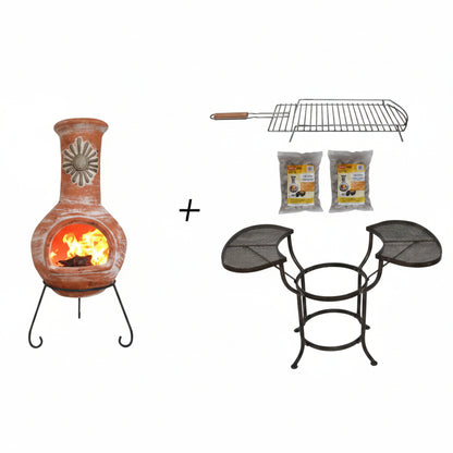 Outdoor fireplace, grill, and table set with branding on a white background