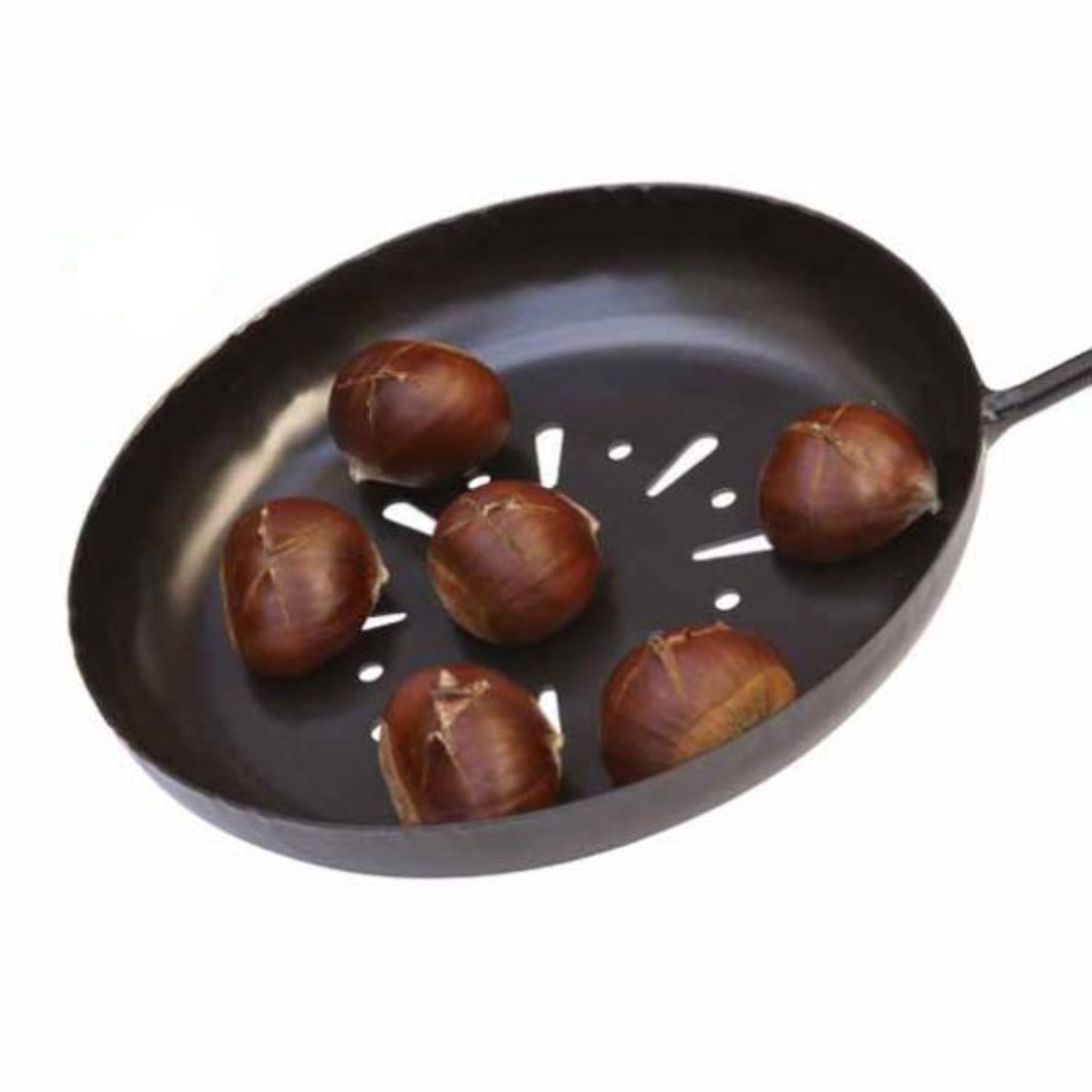 Black chestnut pan with chestnuts on a white background, featuring the Gardeco brand.