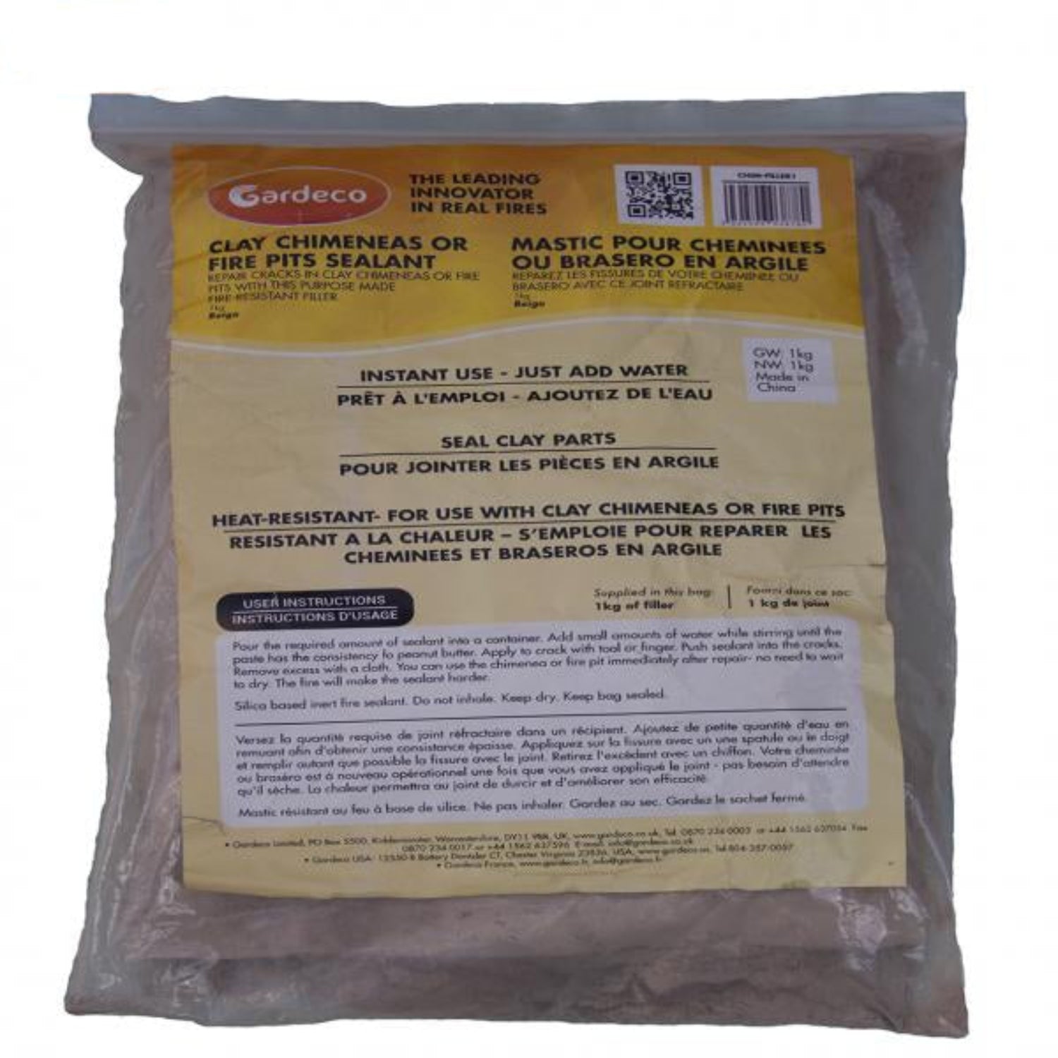 Gardeco clay chimmneys or fire pits sealant packaging with yellow label