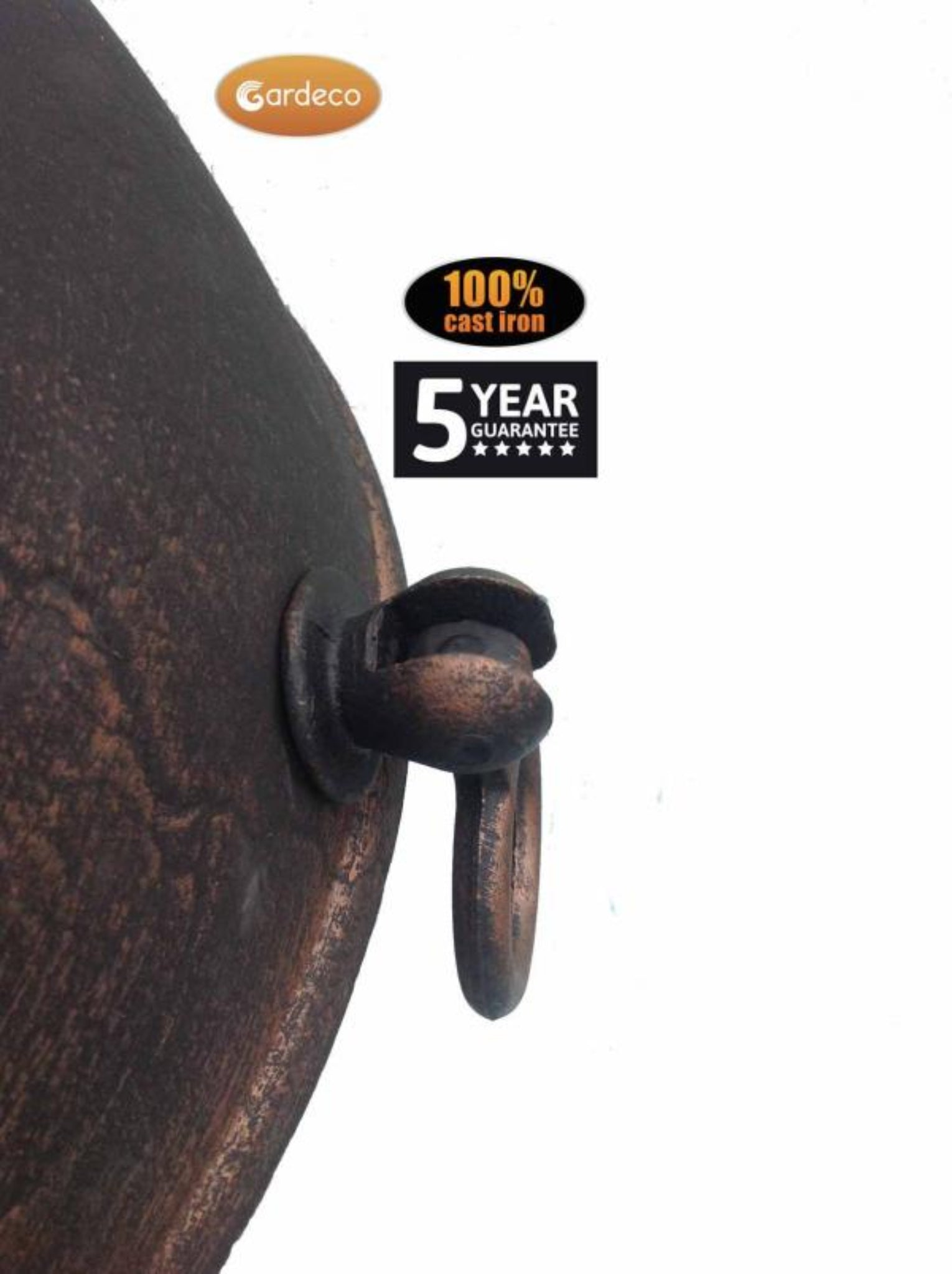 Close-up of a cast iron chiminea handle with Gardeco branding and product guarantees.