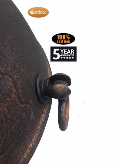 Close-up of a cast iron chiminea handle with Gardeco branding and product guarantees.