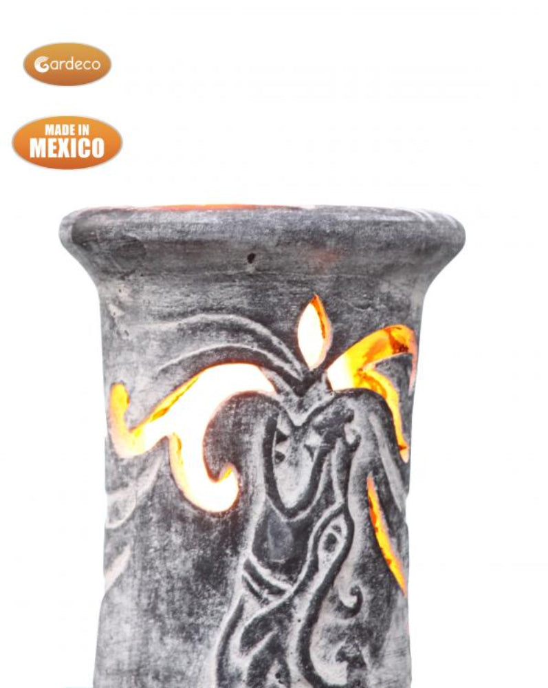 Close up of chimney of Wyre EL Dragon Mexican Chiminea – Charcoal Grey and 'Made in Mexico' label on a white background