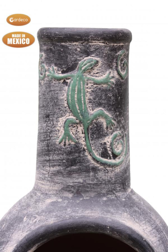 Ceramic chiminea with a green lizard design on a white background, featuring the 'Made in Mexico' label.