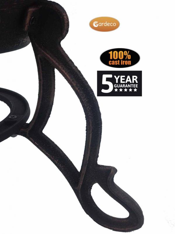 Cast iron leg of the Toledo chiminea with Gardeco branding and 5-year guarantee on a white background