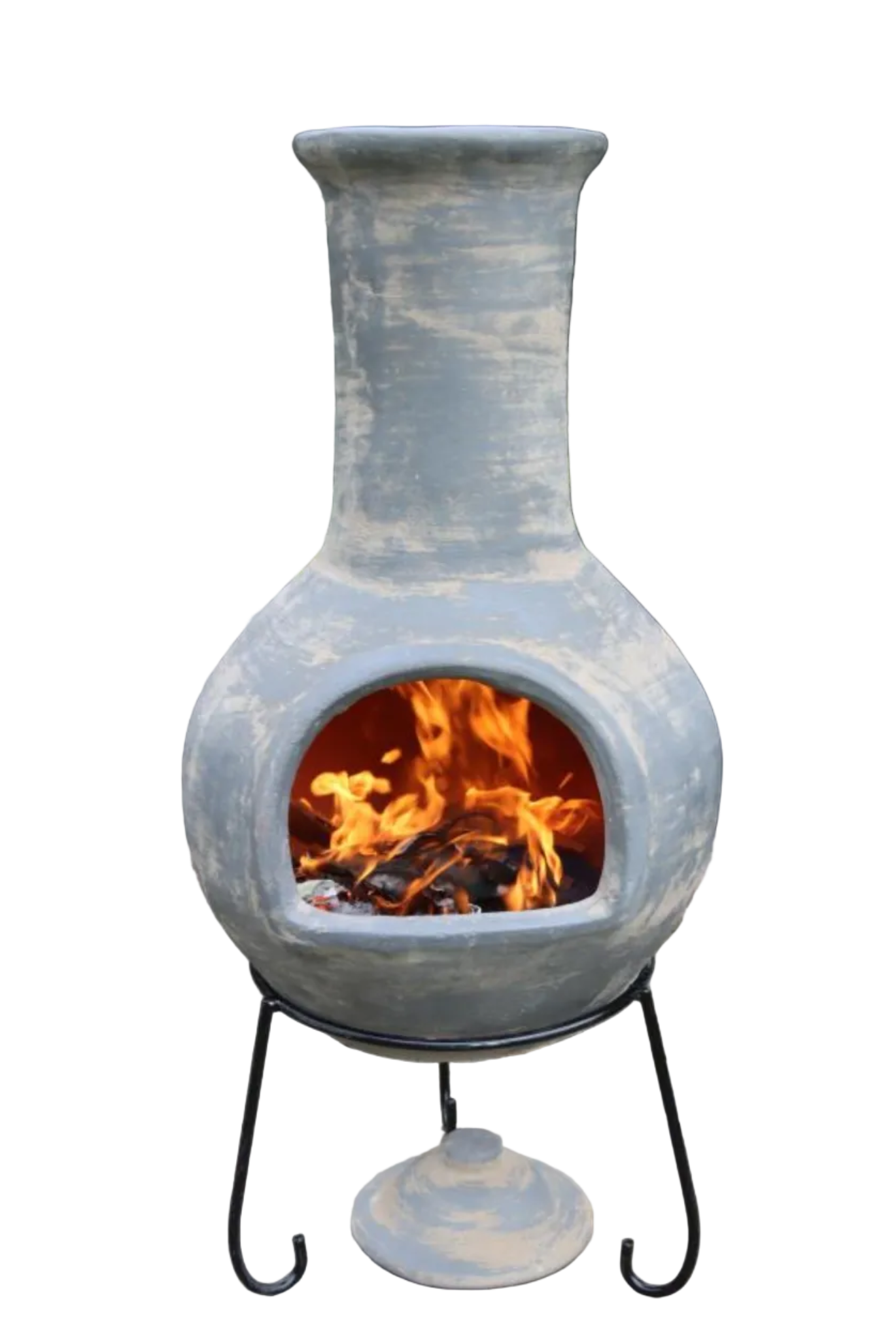 Ceramic chiminea with flames inside on a white background