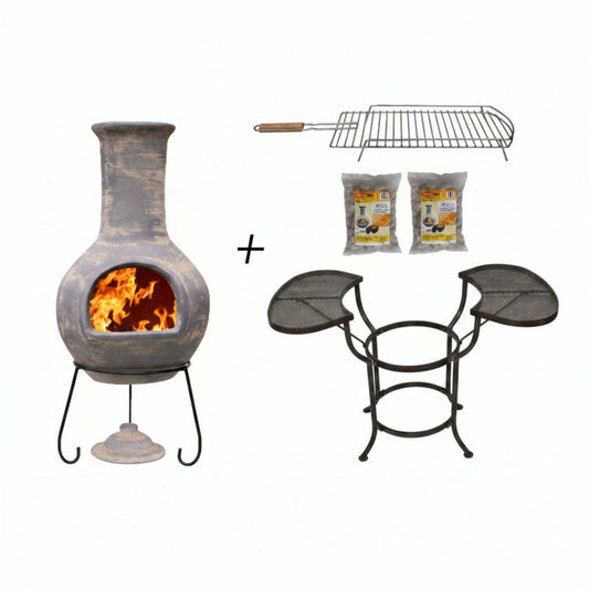 A chimenea fireplace set shown on a white background, including a gray ceramic chimenea with an open fire, a metal grill rack, two bags of lava stones, and a black metal crade with two mesh side tables. A plus sign between the items suggests a bundle.