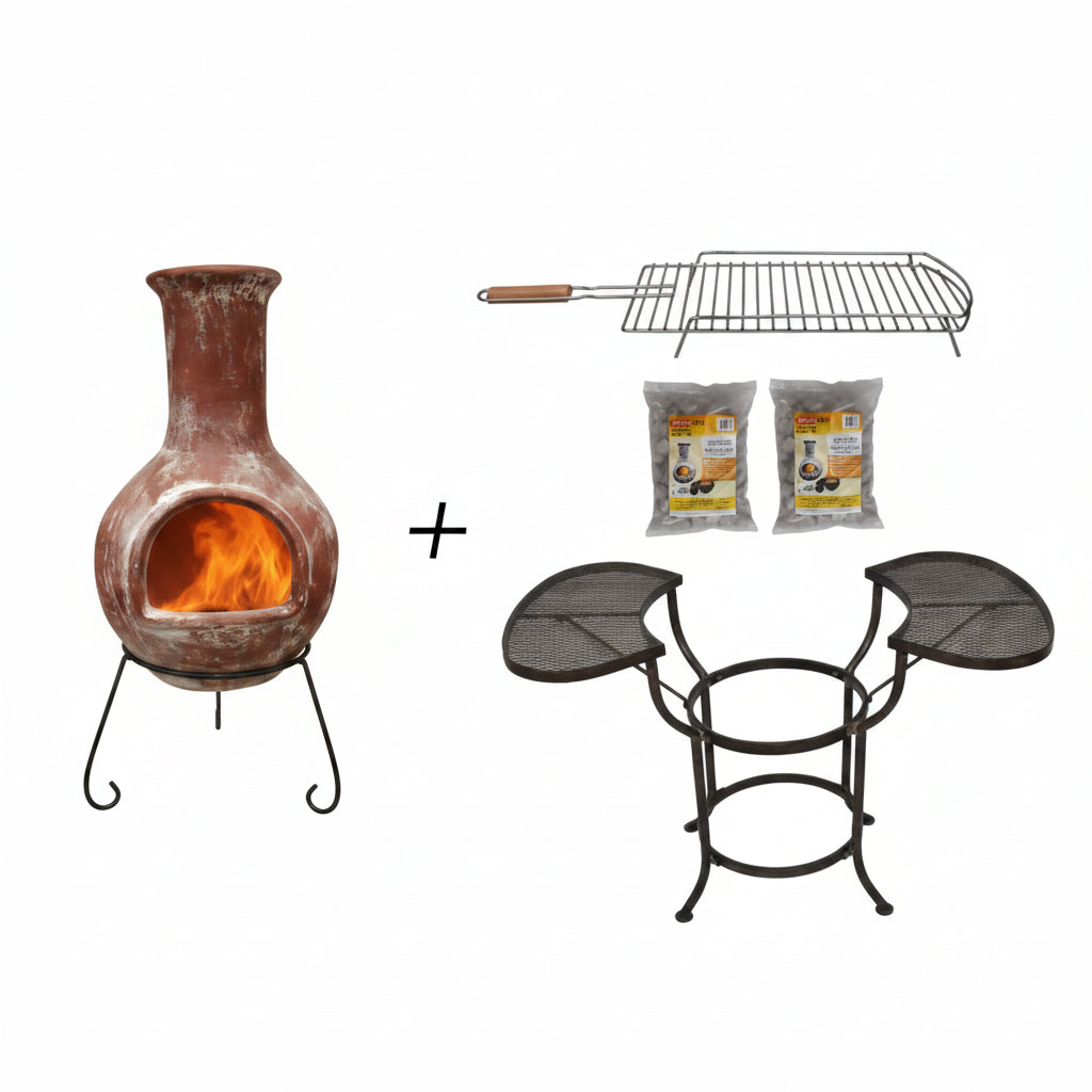 Colima XL Mexican Chiminea BBQ Bundle Red | Complete Outdoor Cooking Set (chiminea, grill, 2 x lava stones and cradle) on white background