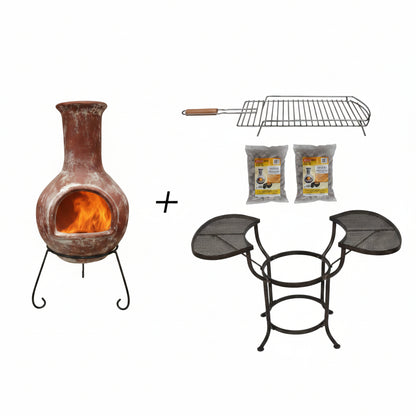 Colima XL Mexican Chiminea BBQ Bundle Red | Complete Outdoor Cooking Set (chiminea, grill, 2 x lava stones and cradle) on white background