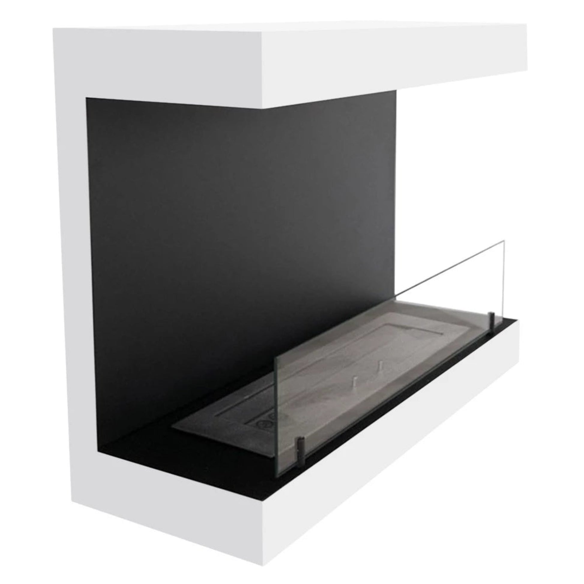 Modern white fireplace with black glass panel on a white background