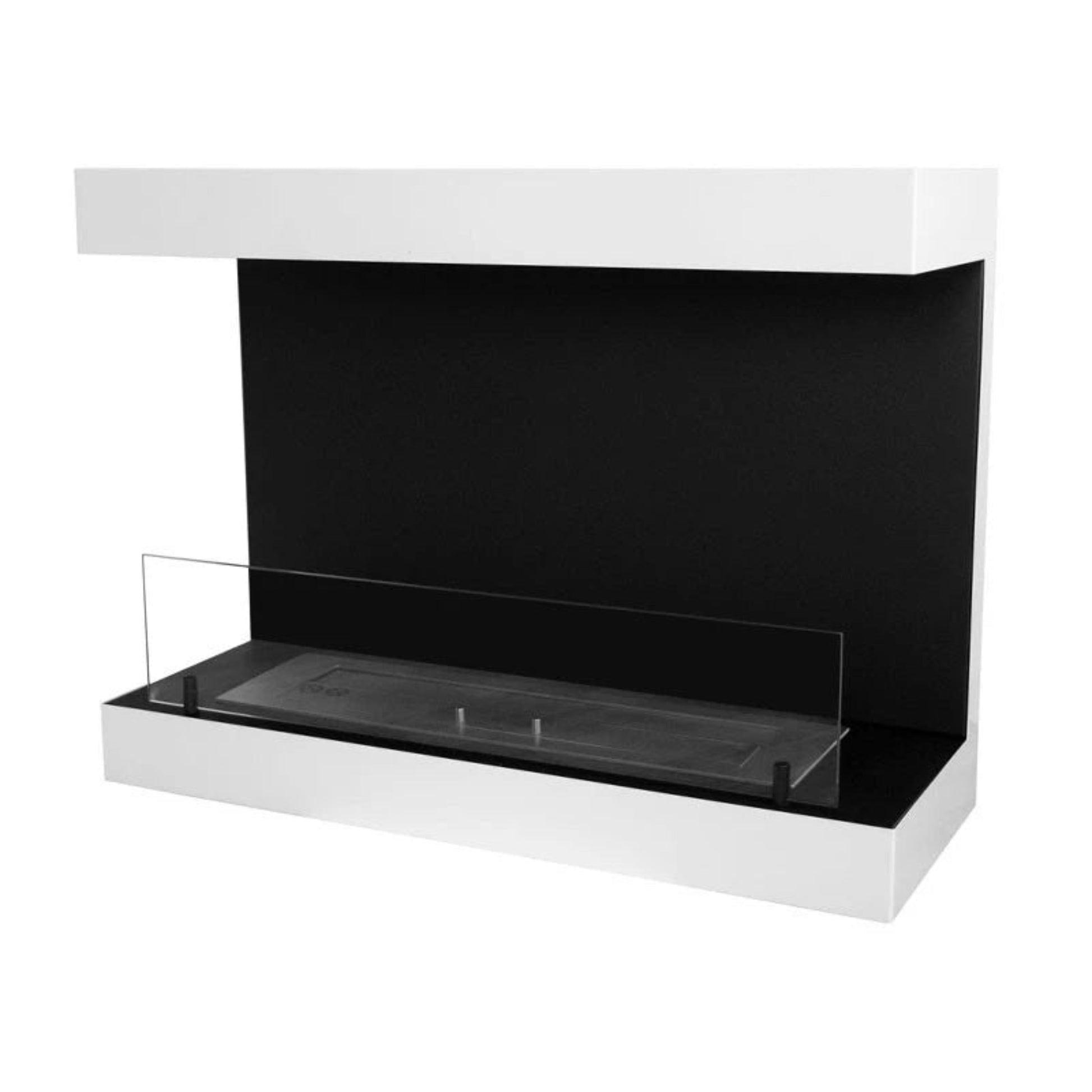 Modern wall-mounted fireplace with black glass front and white base on a white background