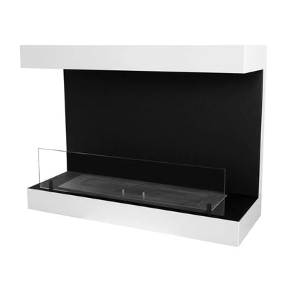 Modern wall-mounted fireplace with black glass front and white base on a white background