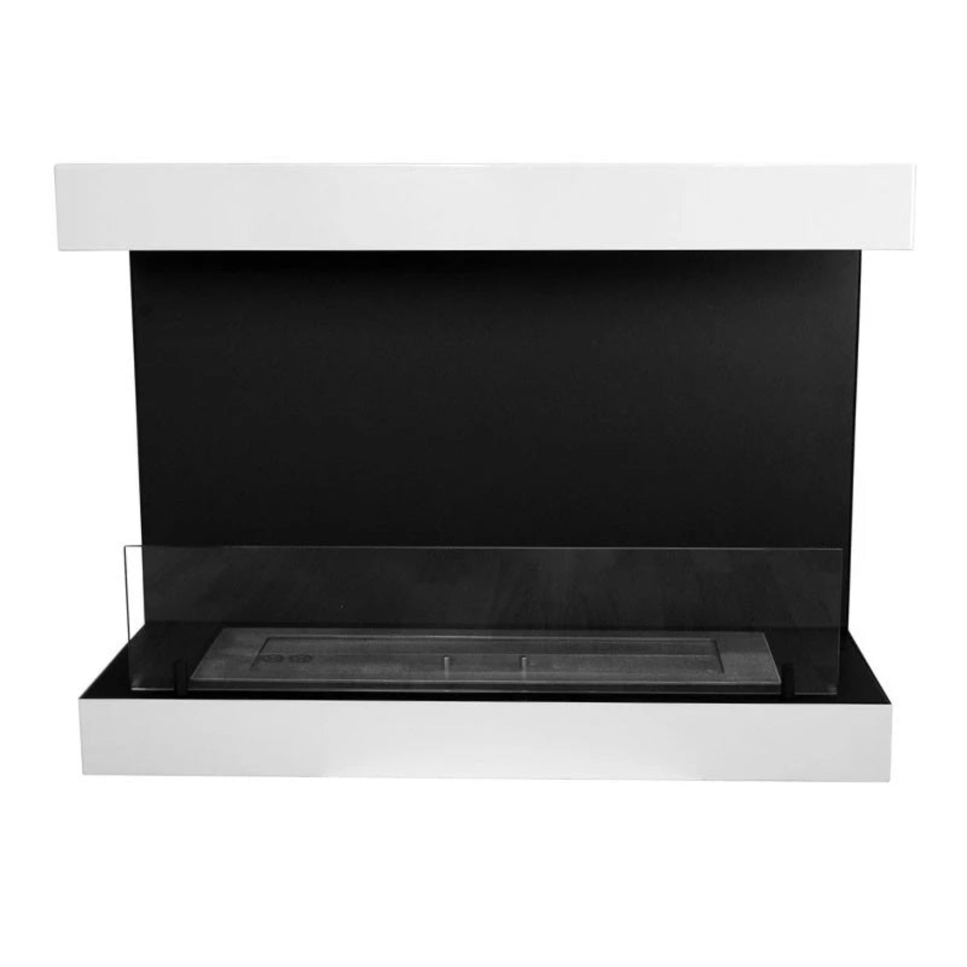 Modernbioethenol fireplace with glass panel and white frame on a white background