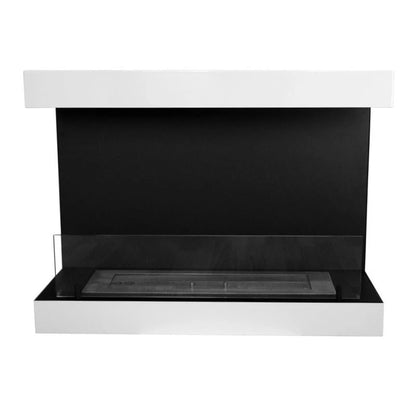 Modernbioethenol fireplace with glass panel and white frame on a white background
