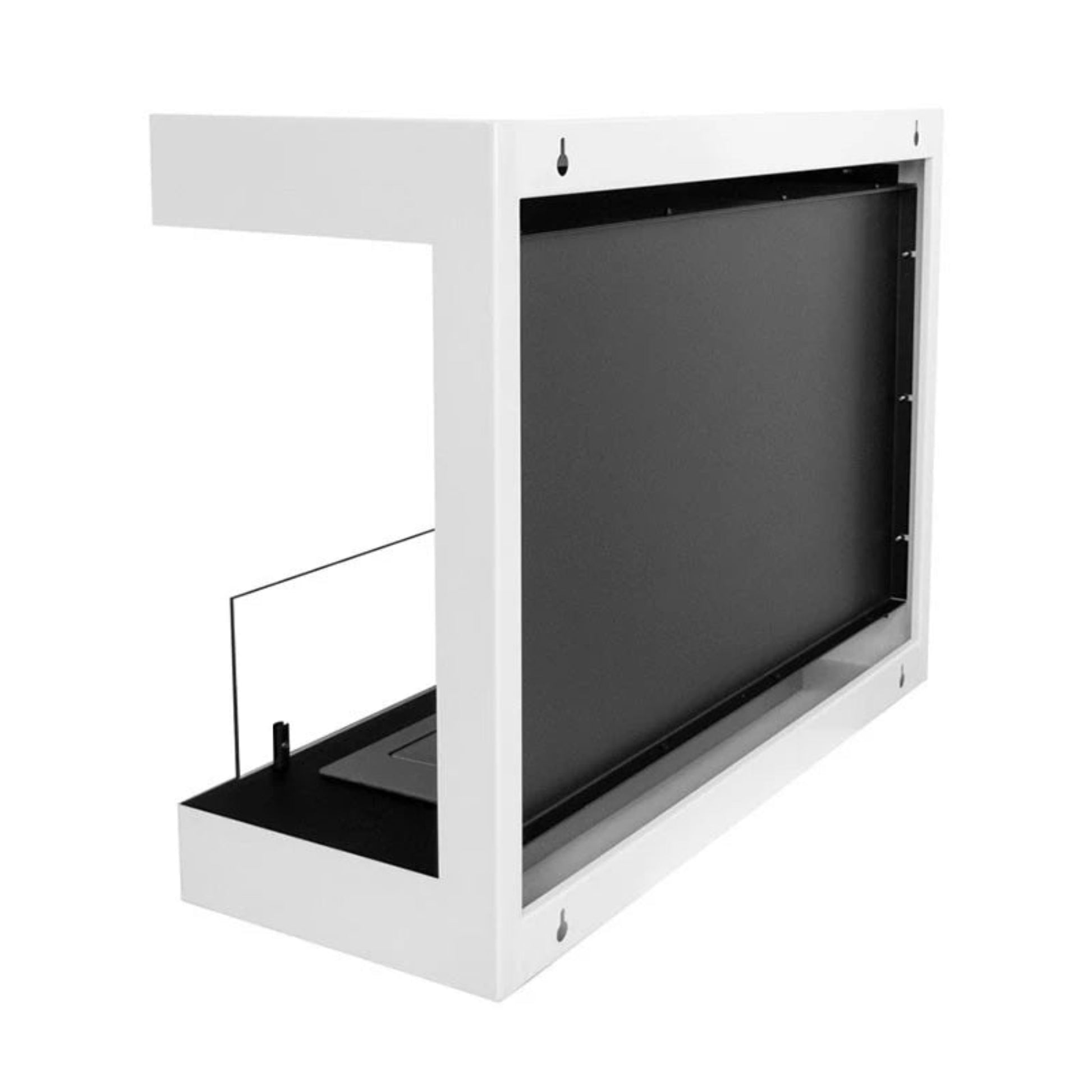 Modern white fireplace with glass screen shown from rear side on a white background