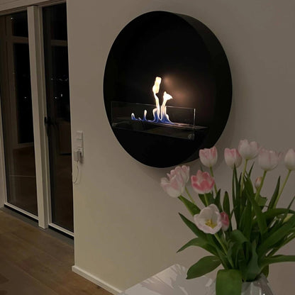 DelawareXLblack-O80cm  on cream wall with tulips on side table in foreground