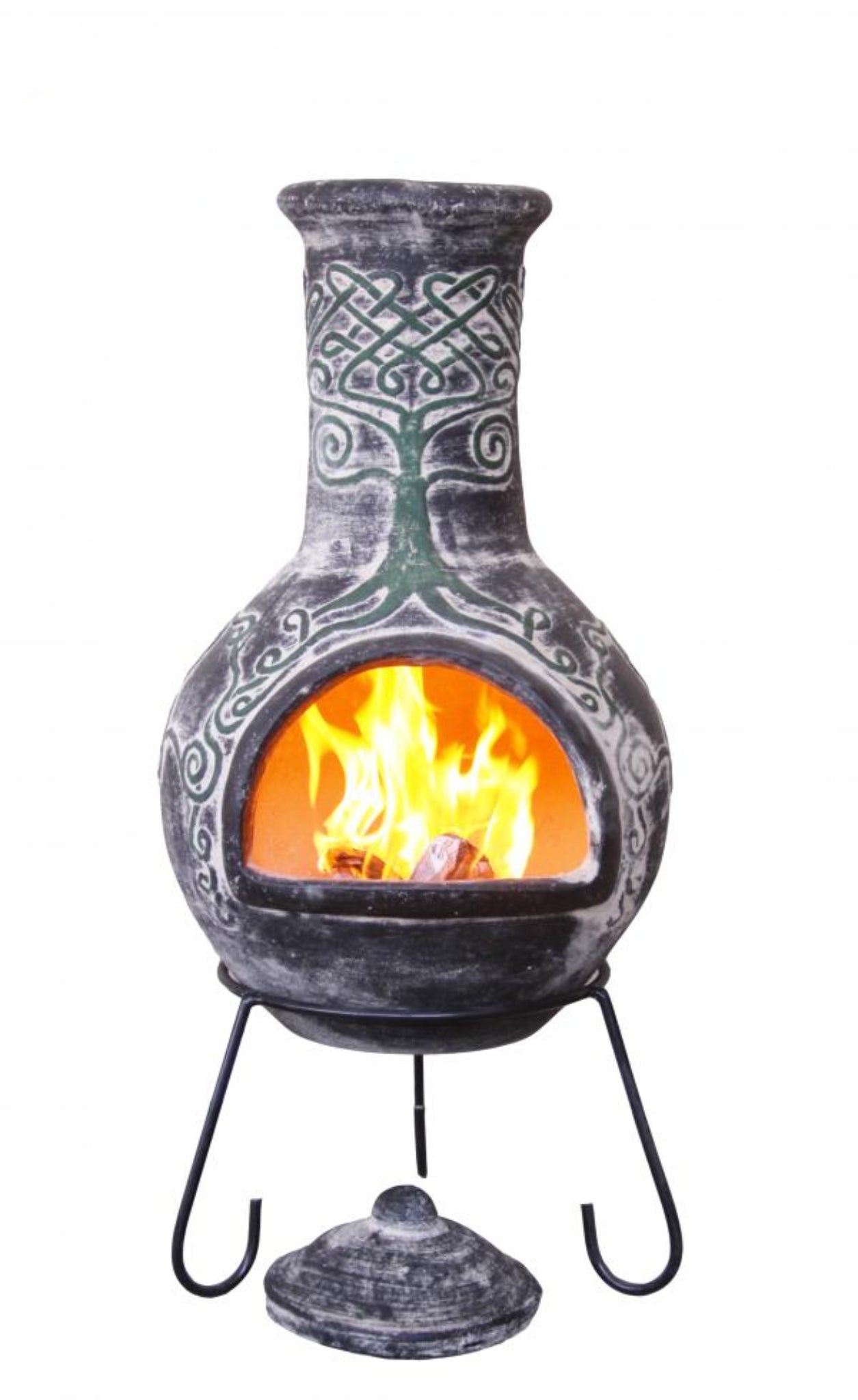 Decorative outdoor fireplace with flames inside, made in Mexico, on a white background.