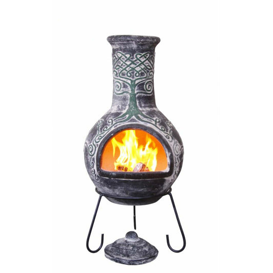 Decorative outdoor fireplace with flames inside, made in Mexico, on a white background.