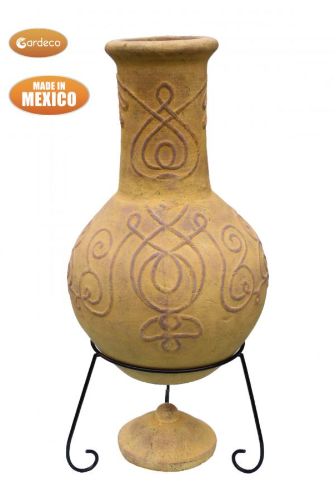 Decorative terracotta cjo,omea with intricate designs on a stand, made in Mexico by Gardeco.