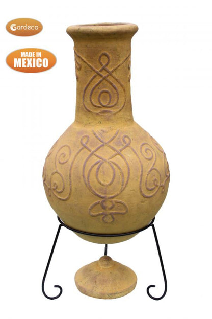 Decorative terracotta cjo,omea with intricate designs on a stand, made in Mexico by Gardeco.