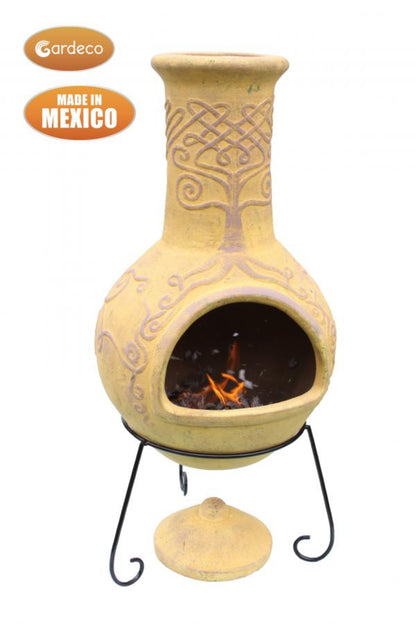 Yellow ceramic chiminea with decorative patterns on a white background, featuring Gardeco branding.