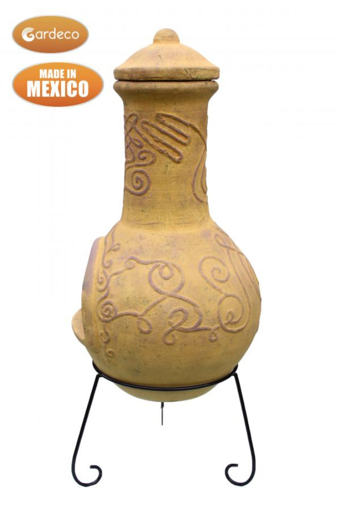 Side view of decorative ceramic chiminea with lid on a stand, made in Mexico by Gardeco.