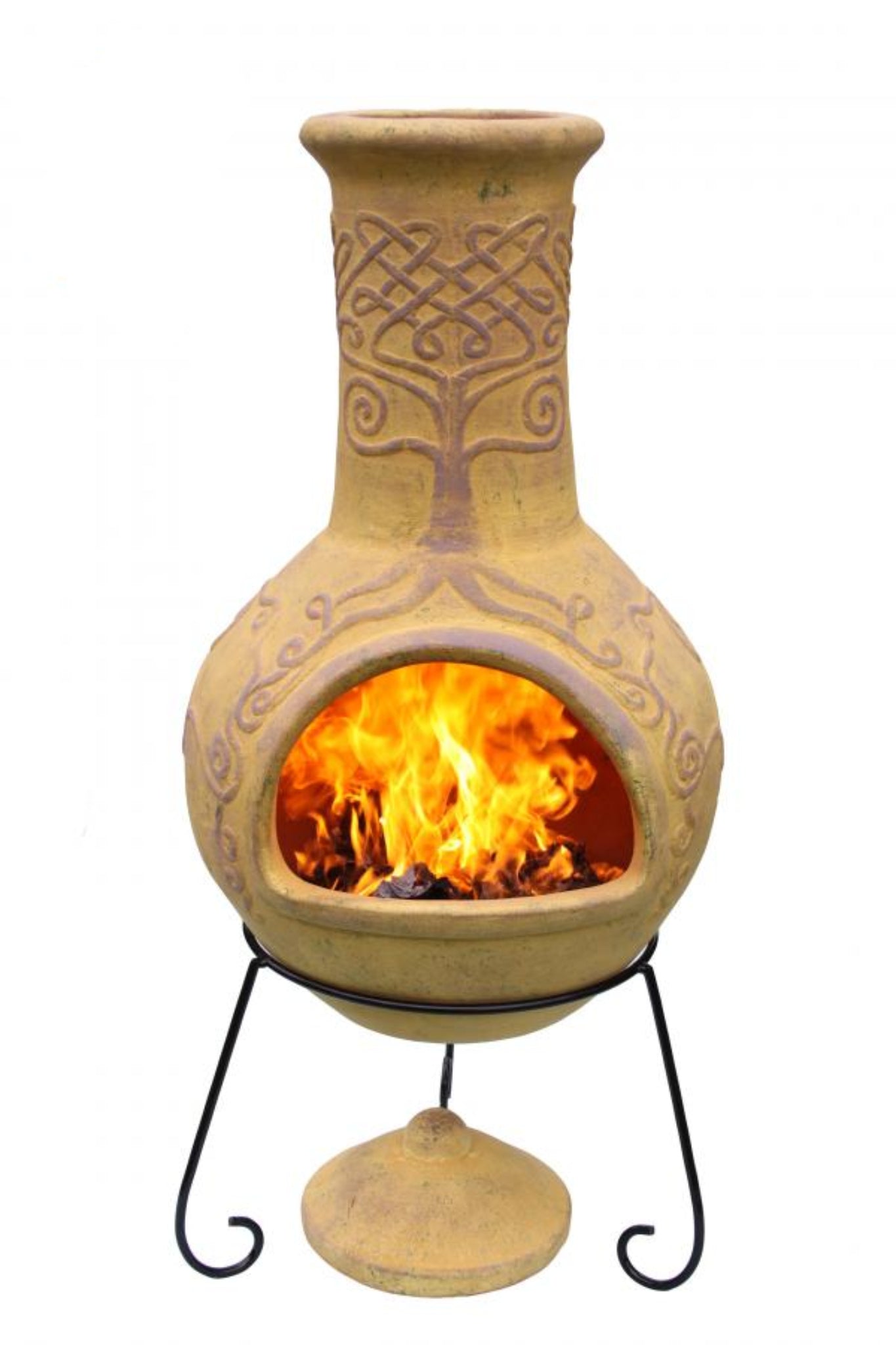 Terracotta chiminea with flames inside, made in Mexico, on a white background