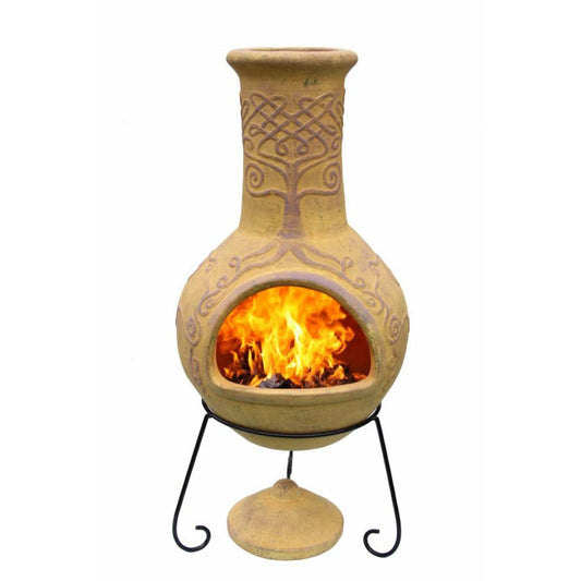 Terracotta chiminea with flames inside, made in Mexico, on a white background
