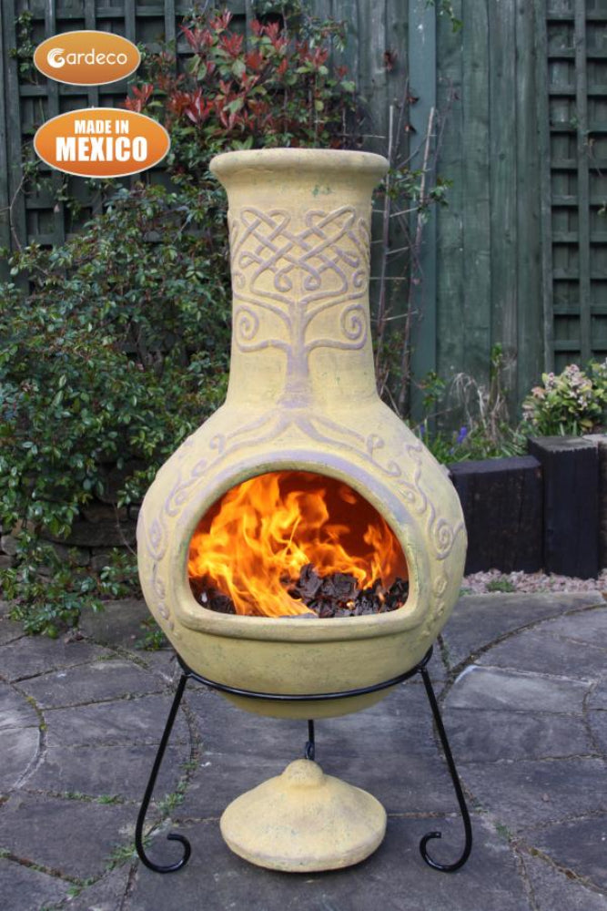 Decorative outdoor fireplace with flames, made in Mexico, on a patio.