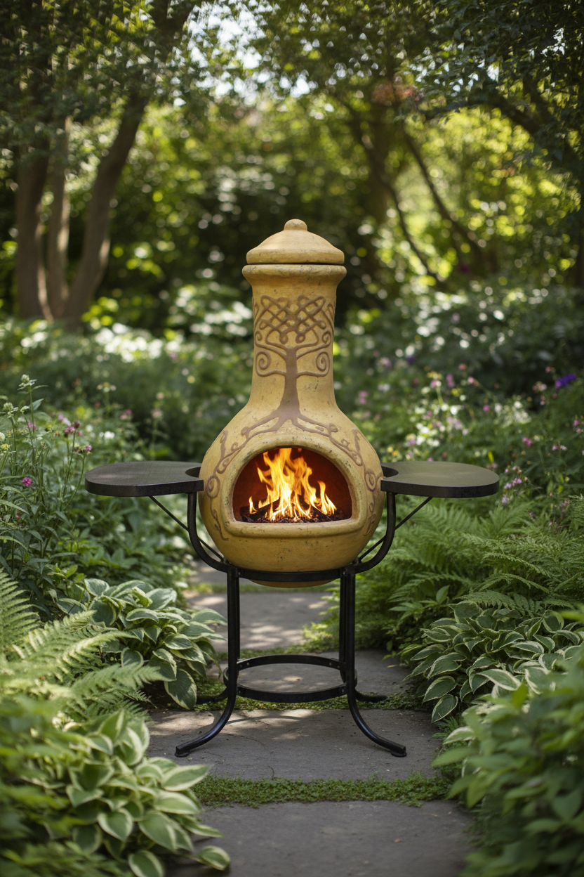 Derwyn XL Mexican Chiminea BBQ Bundle Yellow | Complete Outdoor Cooking Set in garden setting
