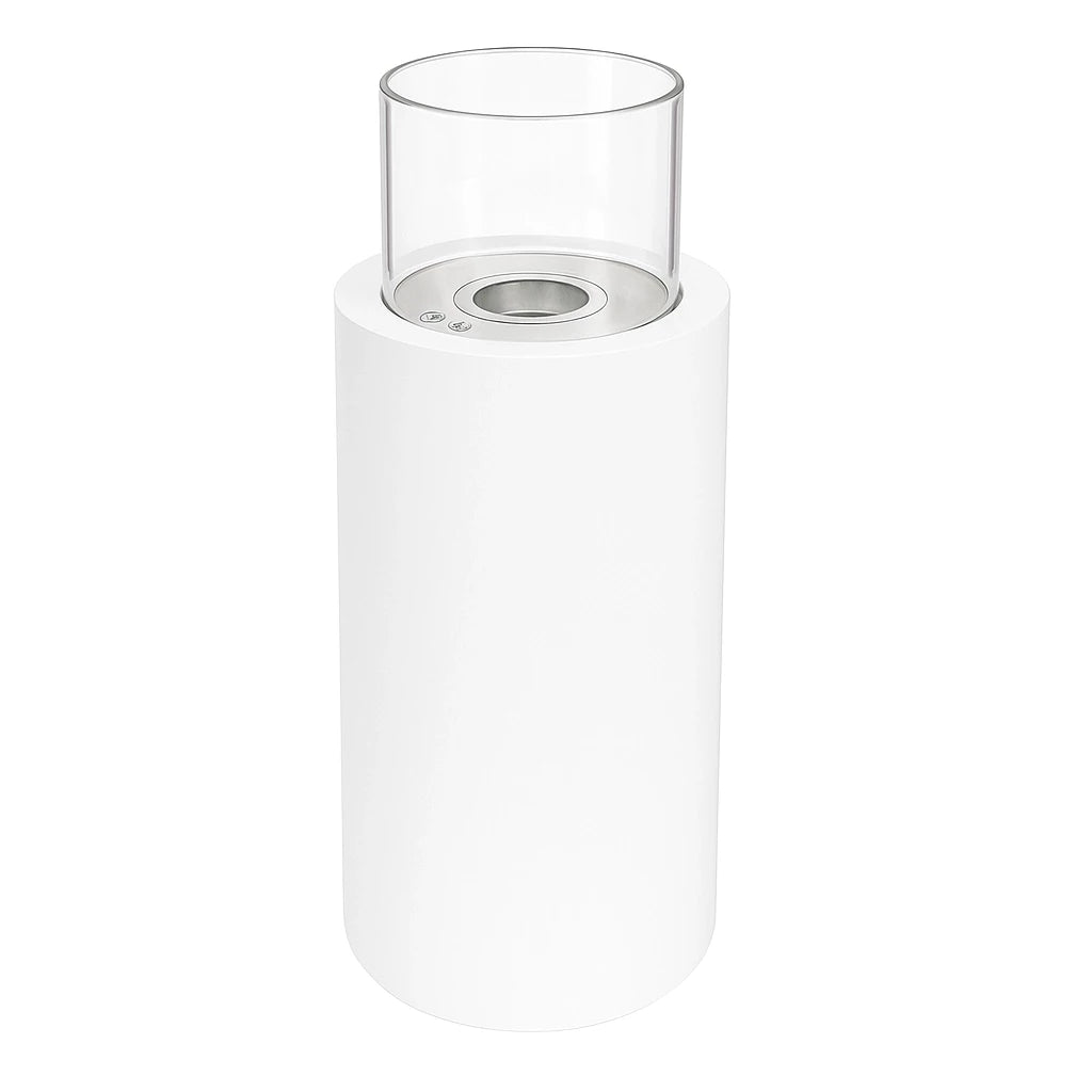 White cylindrical bioethanol fire with a clear glass top on a white background