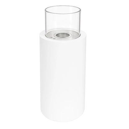White cylindrical bioethanol fire with a clear glass top on a white background
