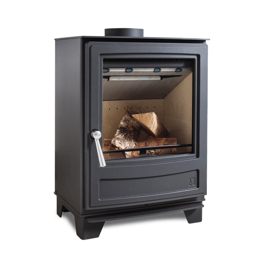 A black cast iron wood-burning stove with a glass door, showing logs inside, on a solid white background.